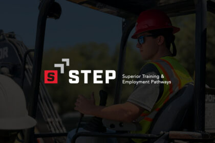 STEP program logo with transparent overlay over a photo of a man running construction equipment