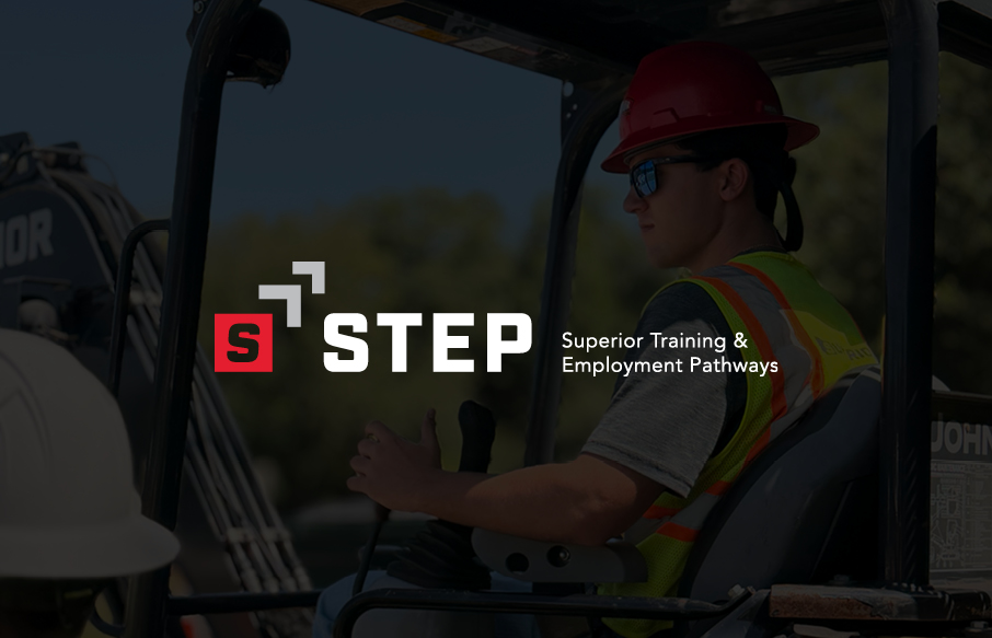 STEP program logo with transparent overlay over a photo of a man running construction equipment